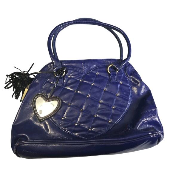 Betsey Johnson Navy Blue Heart Quilted Satchel Handbag Purse - Picture 1 of 9